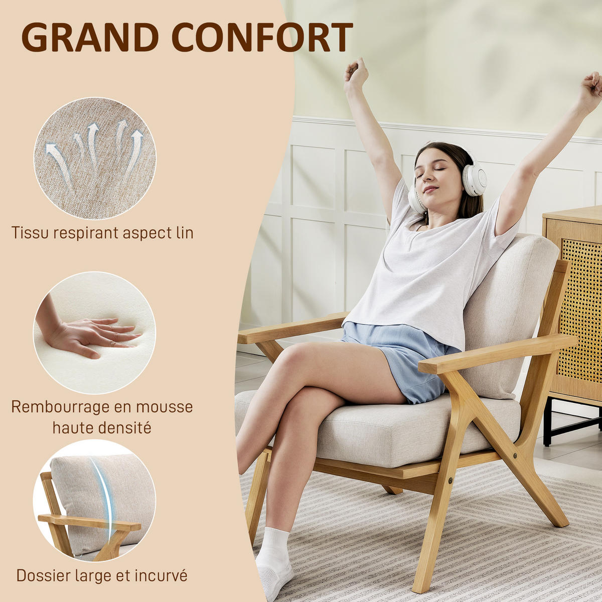SESSEL DE-13306 skandinavisches Design, Leinenbezug Beige - Beige, Holz (76/88/87cm) - ComfortXL