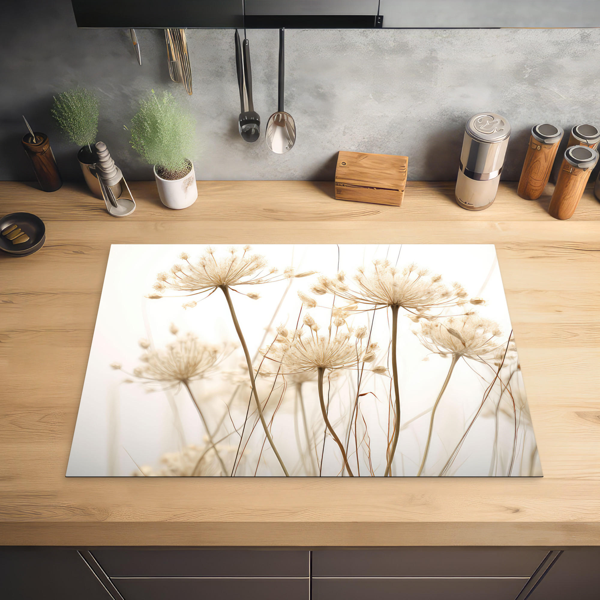 HERDABDECKPLATTE Blumen - Weiß - Sonnenlicht 75x52 cm - Ecru, Kunststoff (75/0.2/52cm) - MuchoWow