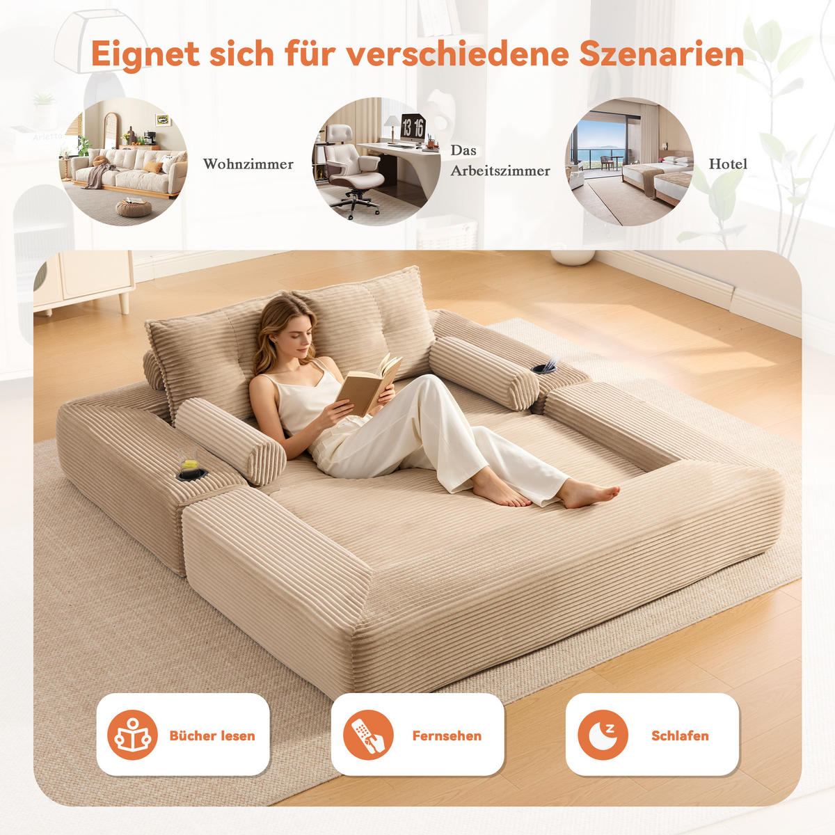 SCHLAFSOFA mit Schlaffunktion, Getränkehalter und Memory-Kissen aus Cord - Taupe, Textil (180/80/98cm) - EVRYAE