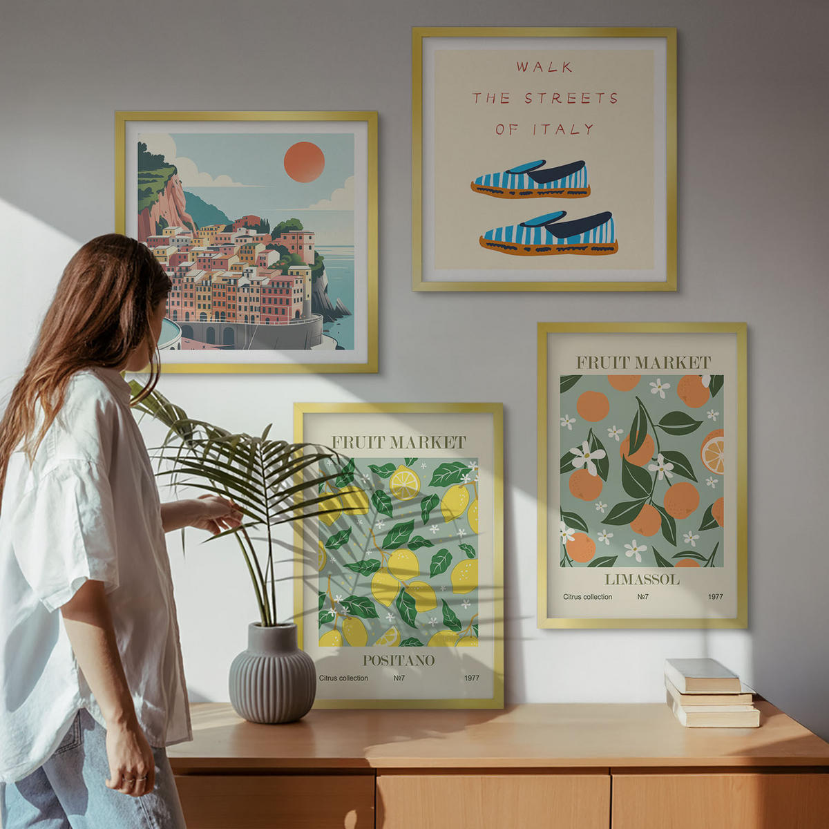 WANDBILDER 4er Set - 50x50 cm & 40x60 cm Goldrahmen - Fruchtmuster der italienischen Kultur - Goldfarben, Kunststoff (50/50cm) - ArtPrintCave