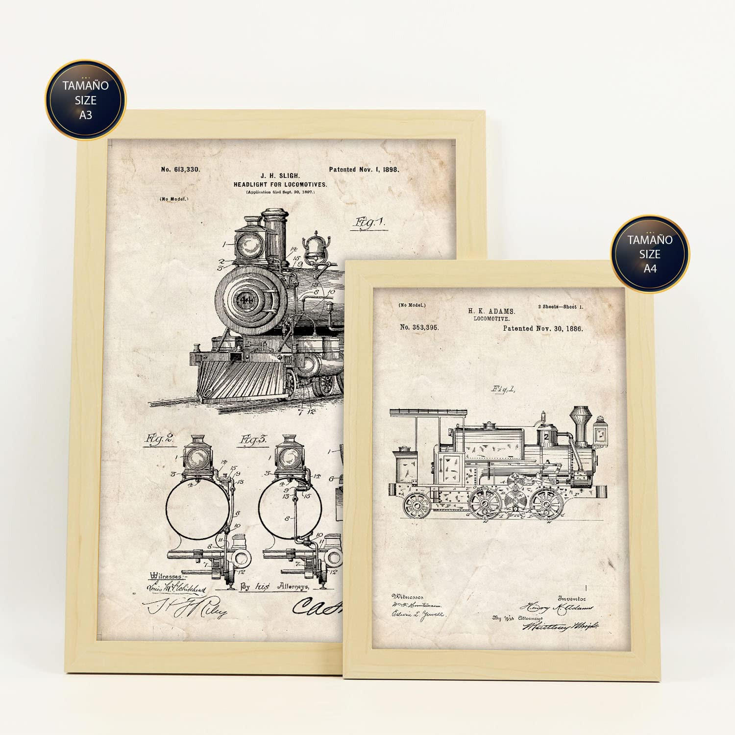 POSTER Set Mit 6 Plakaten Mit Zug Patenten Im Vintage Stil A3 & A4 Rahmen Aus Hellem Holz - Beige, Papier (29/3cm) - Nacnic