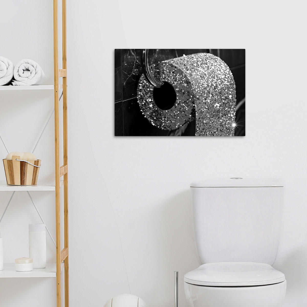 LEINWANDBILD WC - Toilettenpapier - Schwarz und weiß - Glitter Gemälde 60x40 cm - Silberfarben, Textil (60/40cm) - MuchoWow