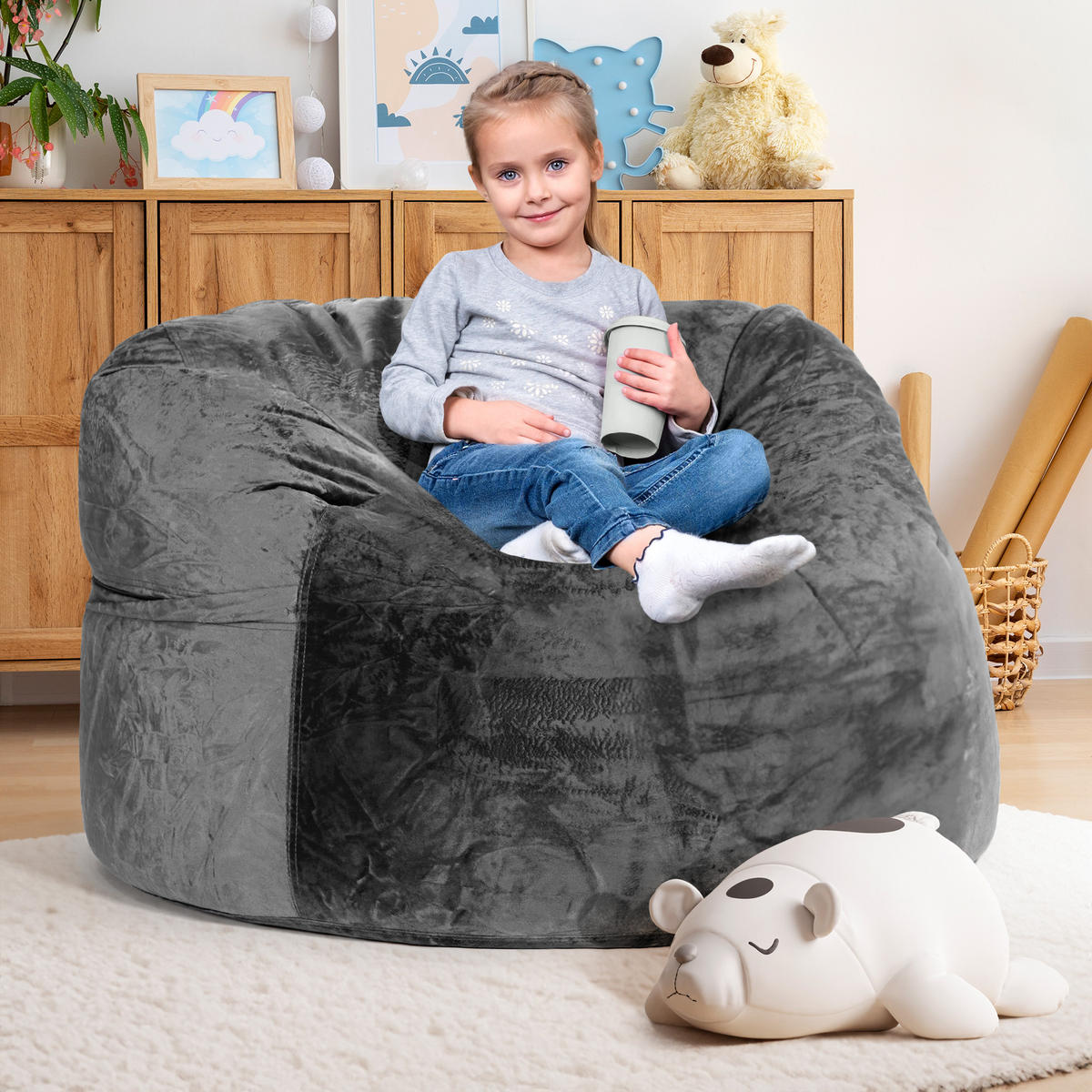 RIESEN-SITZSACK XXL JUMBO Velours 3ft - Dunkelgrau, Textil (105/65/105cm) - Green Bean