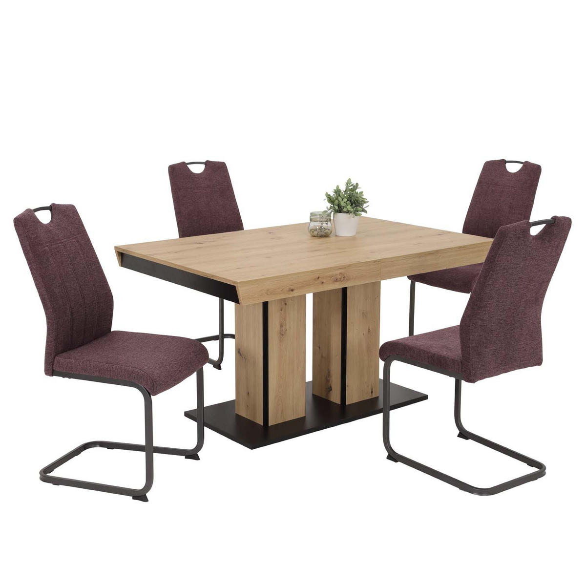 ESSGRUPPE Kamilla, 5 tlg. - Tisch Artisan, 4 Stühle Wildberry - Eiche Artisan/Dunkelrot, Holzwerkstoff/Textil (140/76/90cm) - Möbel Stellbrink