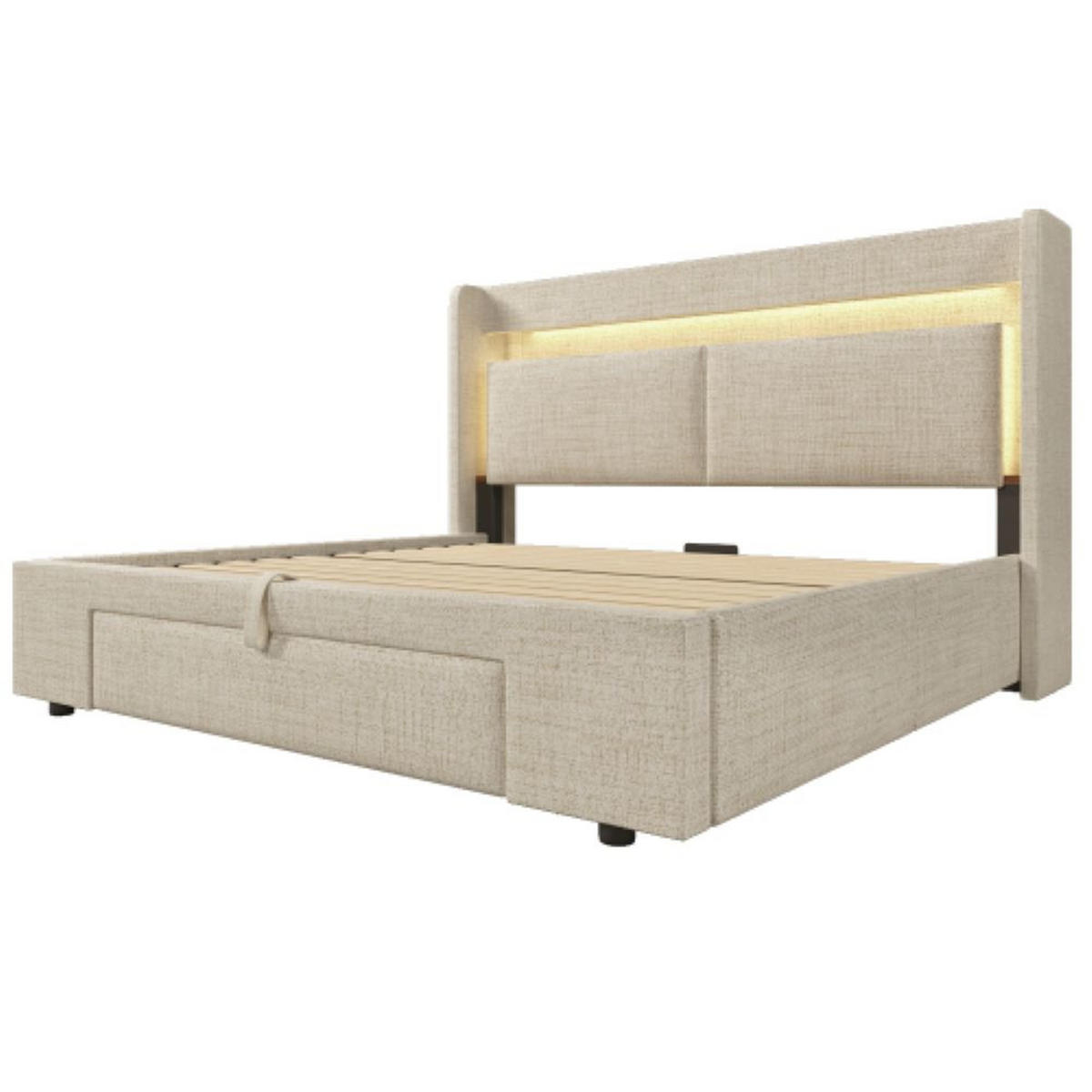 POLSTERBETT 160/200 cm in Beige Leinen mit Bettkasten, Schublade, LED, USB und Type-C - Beige, Holzwerkstoff/Textil (160/200cm) - CHICFURN