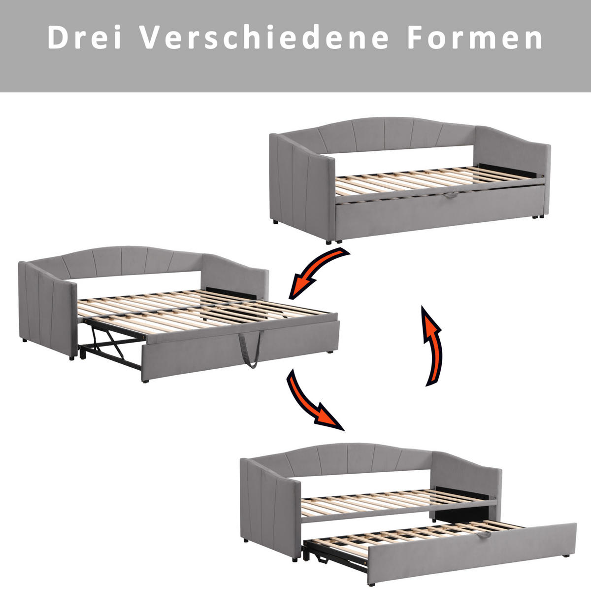POLSTERBETT 90/200-180/200 cm aus Samt mit ausziehbarem Bettrahmen Grau - Grau, Textil (90/200cm) - Modenvie
