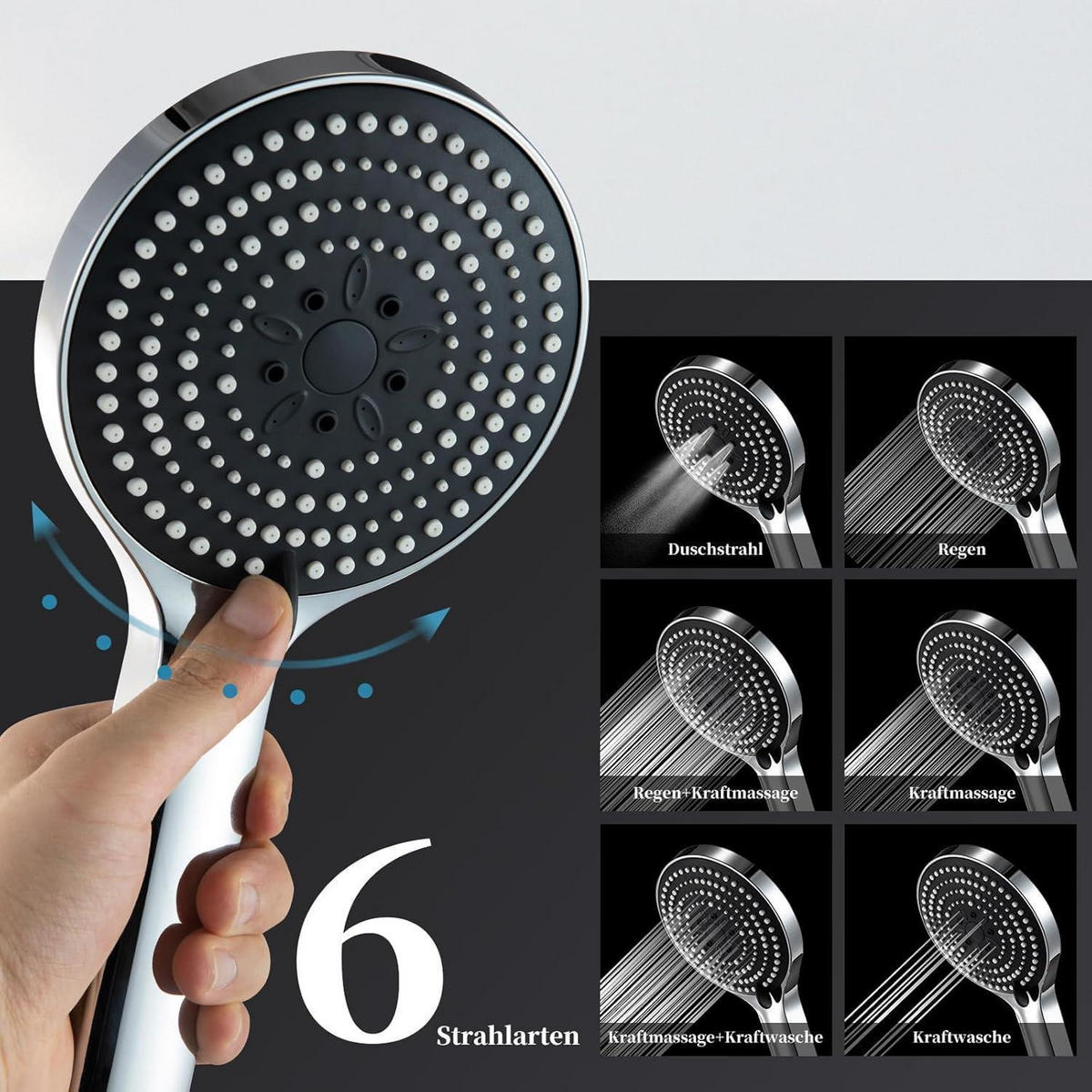 HANDBRAUSE Set mit 6 Strahlarten und 1,6m Schlauch - Silberfarben, Metall (5.5/12.7/23cm)