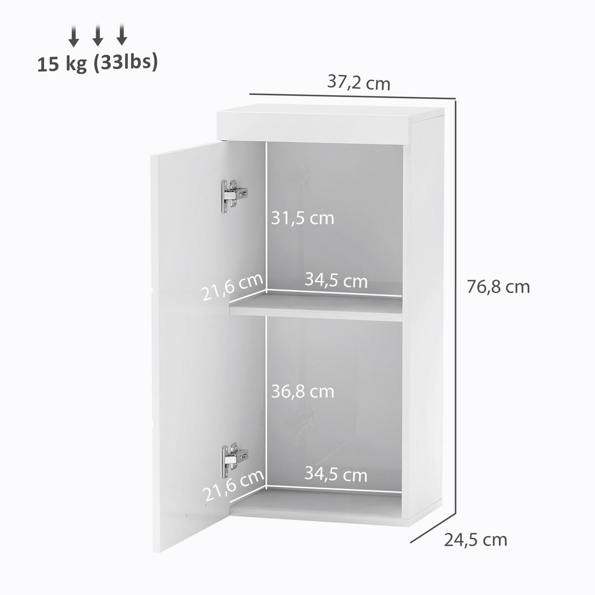 HÄNGESCHRANK mit Tür, 2 Ebenen, Weiß 37,2 x 24,5 x 76,8 cm - Weiß, Holzwerkstoff (37.2/76.8/24.5cm) - HOMCOM