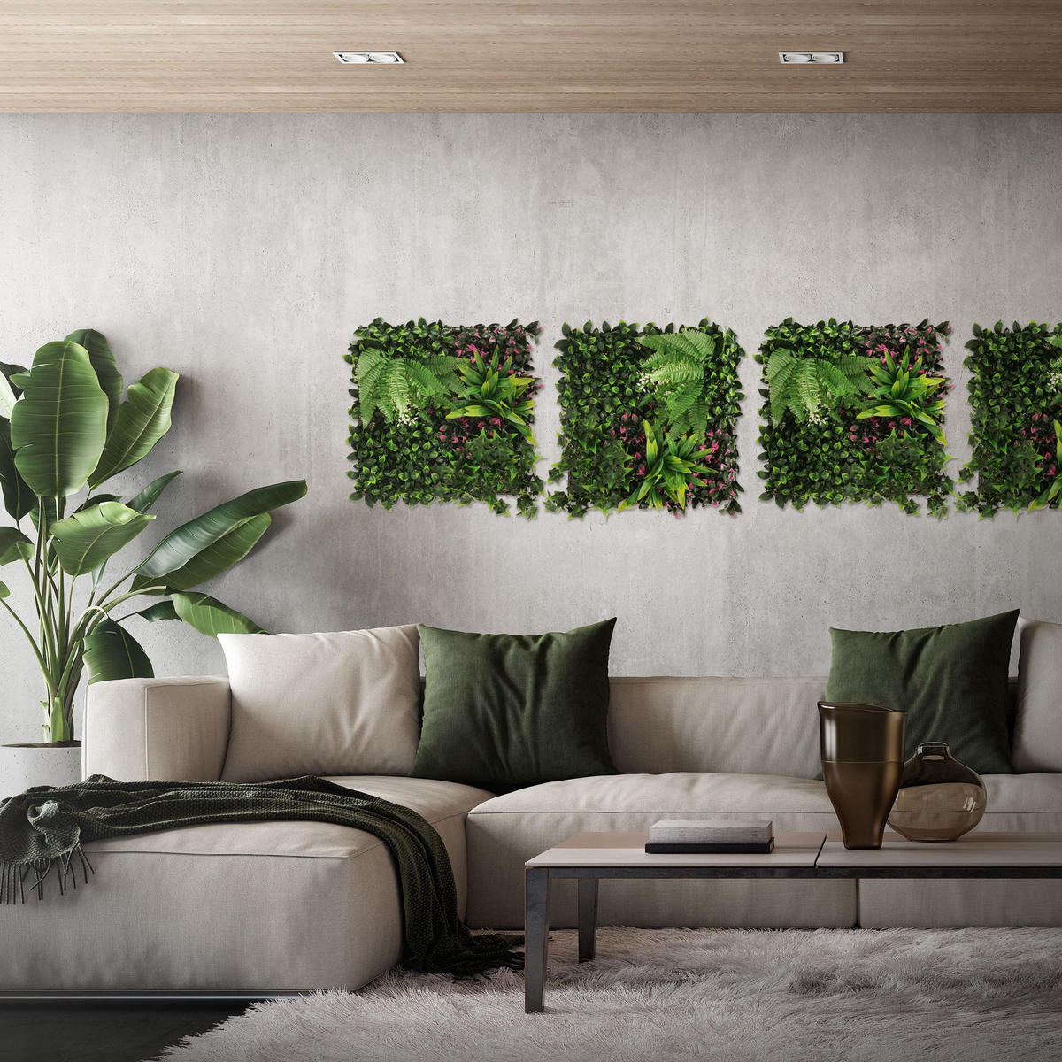 KÜNSTLICHE PFLANZENWAND 4er Set 50x50 cm Kunstpflanzen Wand Innen Aussen Grün Jungle Fern - Waldgrün/Pink, Kunststoff (50/50/10cm) - ECD-Germany