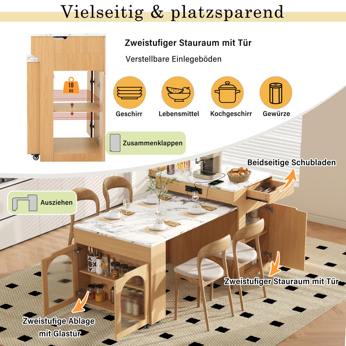 KÜCHENINSEL ausziehbar 55-153/80/93 cm DE-39577 Natur - Naturfarben, Holzwerkstoff (80/93/56.2cm) - ComfortXL