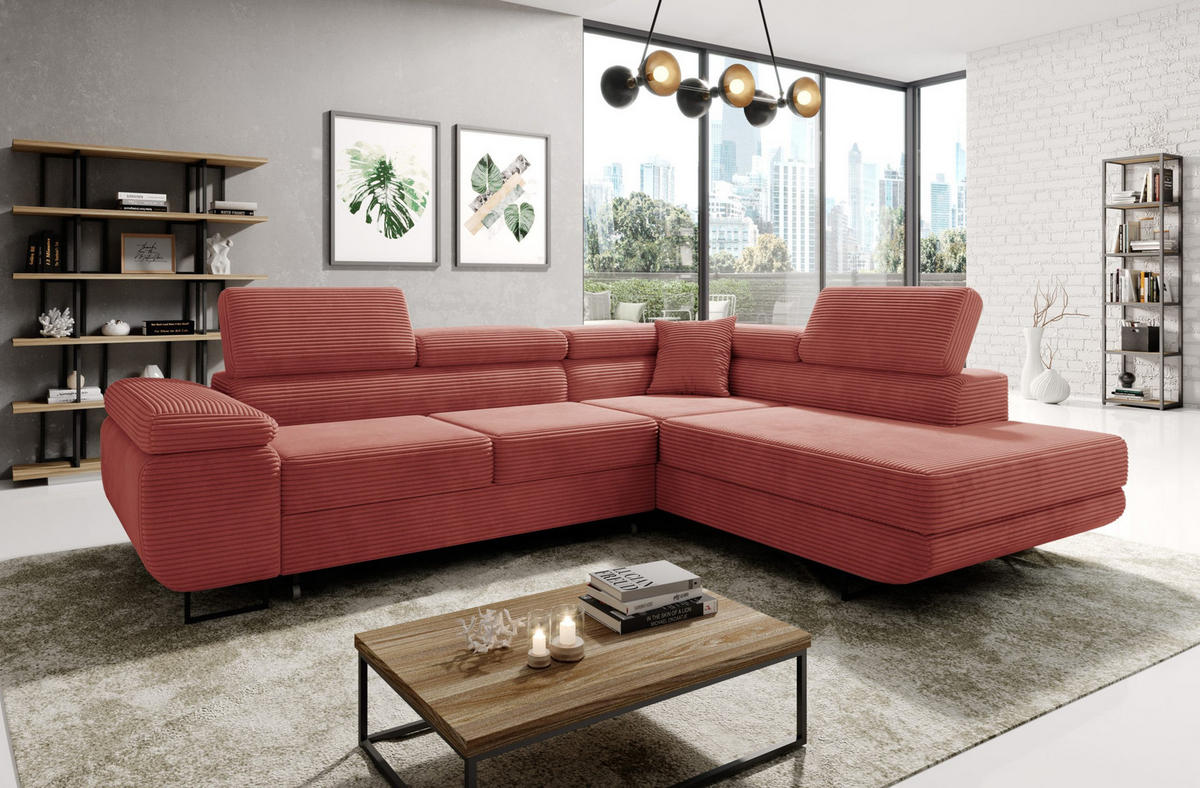 ECKSOFA ASTORP, Sofa aus Cord Rot - Poso 29 - Koralle/Silberfarben, Textil/Metall (277/203cm) - Moderno Meble