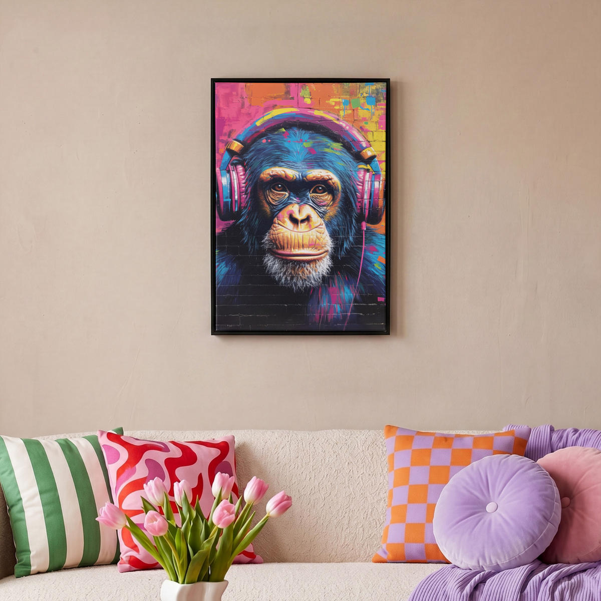 LEINWAND Bilder mit Rahmen - Graffiti - Schimpanse - Straßenkunst - Kopfhörer - Affe - 40x60 - Blau, Textil (40/60cm) - MuchoWow