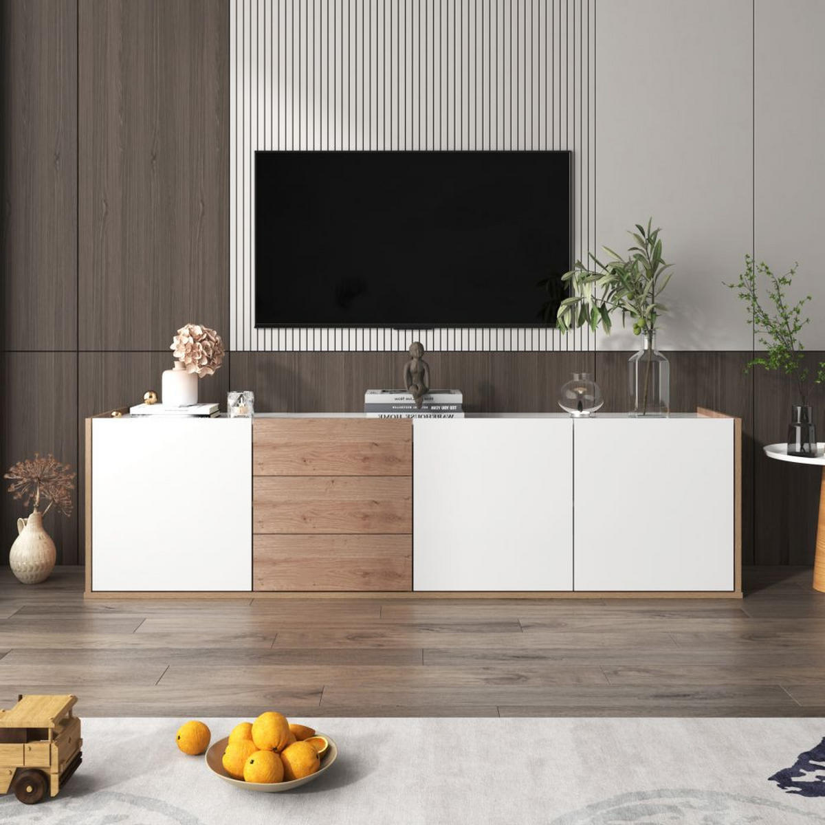 TV-SCHRANK mit drei Schubladen und Drei Türen, Weiß und Holzfarbe - Weiß, Holz (35/47/171.5cm) - KOMHTOM