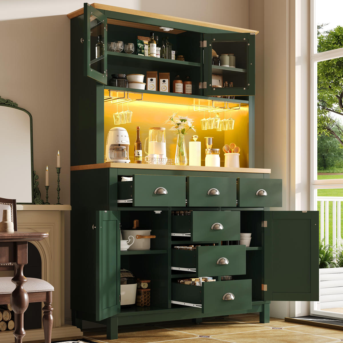 HIGHBOARD in Grün Küchenschrank mit LED-Lichtleiste und Schubladen für Küche und Wohnzimmer, B104/T40/H180 cm - Grün, Glas/Holzwerkstoff (104/180/40cm) - STILVORA
