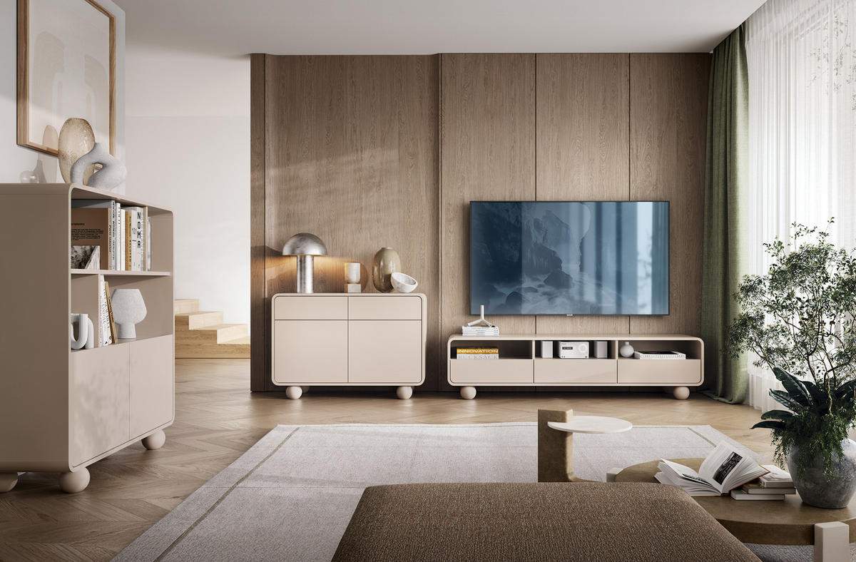 CASHMERE TV-Schrank mit Regalen und Türen – Modernes Design, kugelförmige Beine, 160 x 44 x 39 cm - Beige, Holzwerkstoff (180/44/39cm) - 3XE LIVING