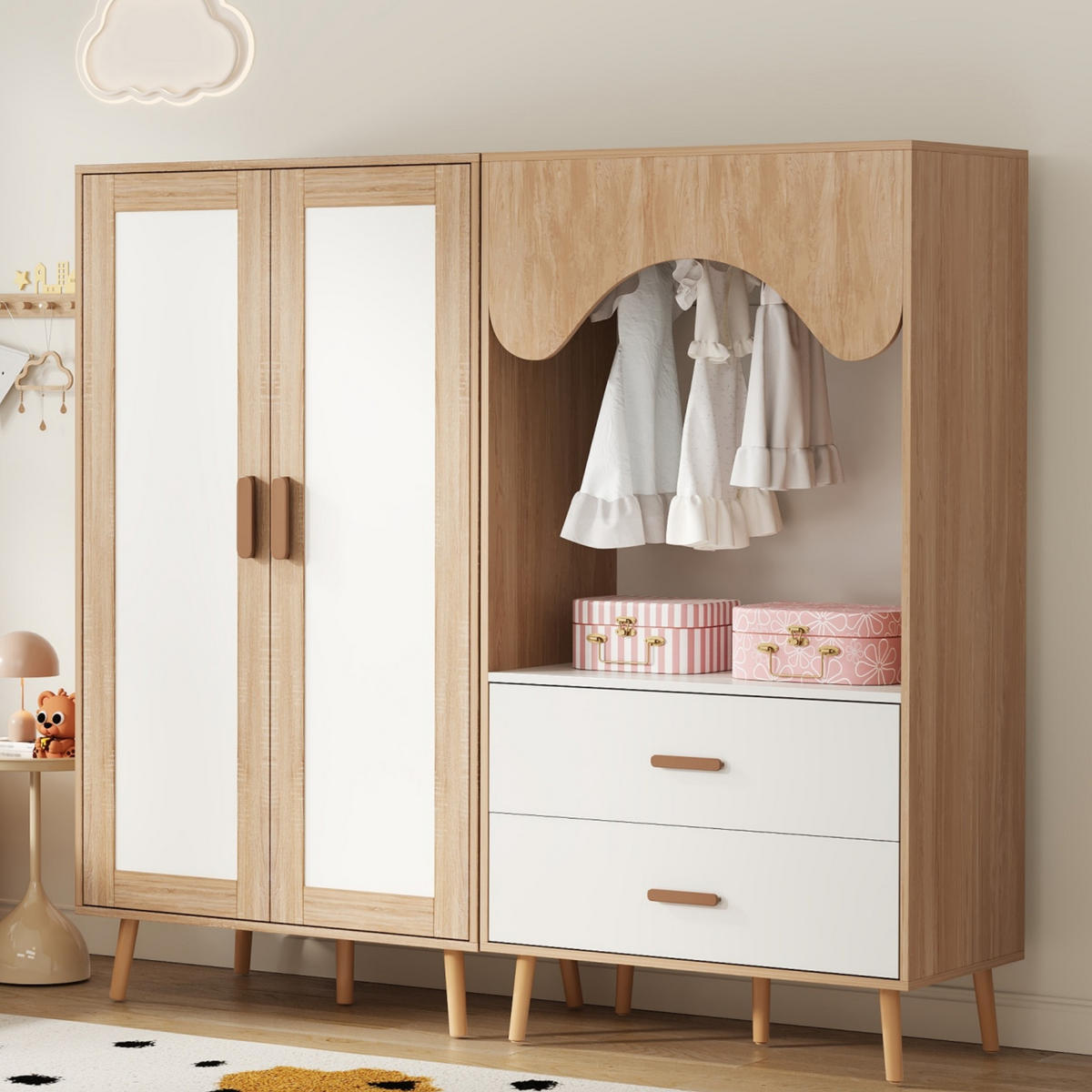 KLEIDERSCHRANK in Weiß & Naturholz-Optik Schrank-Set Schlafzimmermöbel mit Kleiderstange - Naturfarben/Weiß, Holzwerkstoff (160/141.5/46cm) - STILVORA