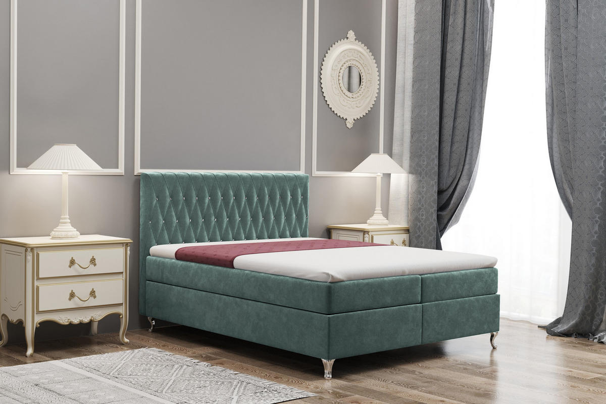 BOXBETT Mit Bettkasten Und Matratze KATE Stoff Riviera Türkis 200x200 cm H3-Bonell - Türkis, Holz/Textil (200/200cm) - Kaiser Möbel