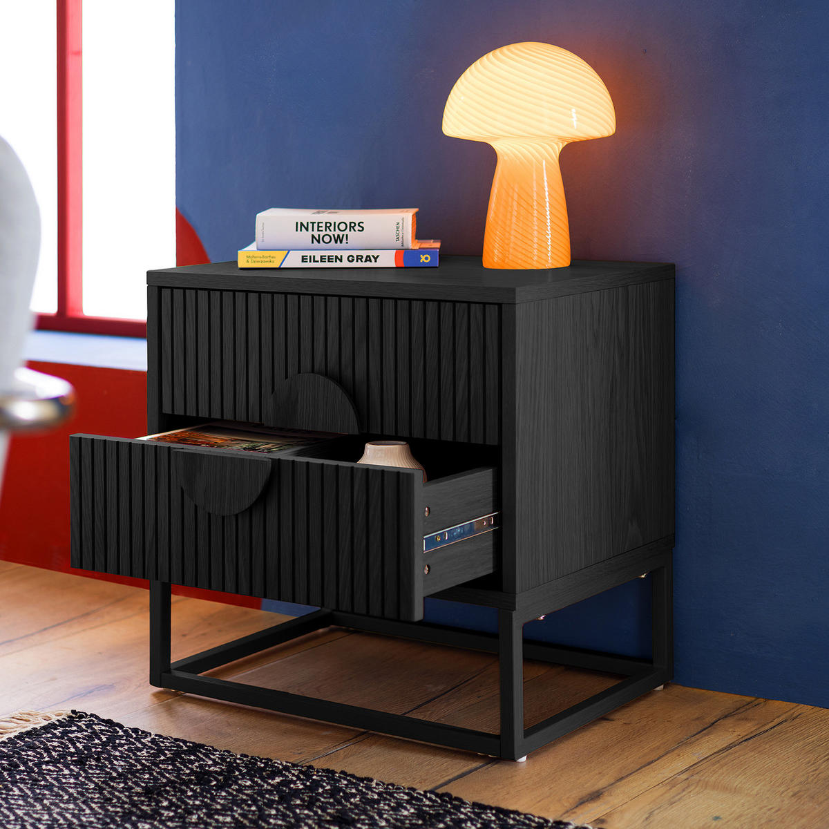 NACHTKOMMODE - MDF / Metall - Eiche - Eichefarben/Schwarz, Holzwerkstoff/Metall (55/55/40cm) - home24