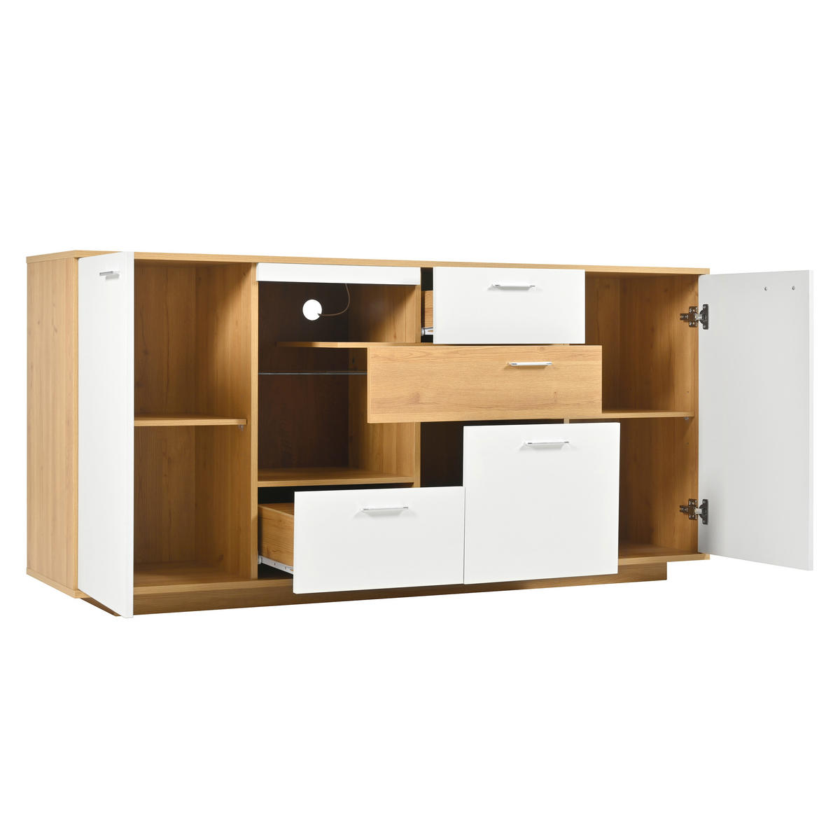 SIDEBOARD 160/40/77 cm in Holzfarbe und Weiß aus MDF mit LED-Beleuchtung und 4 Schubladen - Weiß/Naturfarben, Holzwerkstoff/Metall (160/77/40cm) - CHICFURN