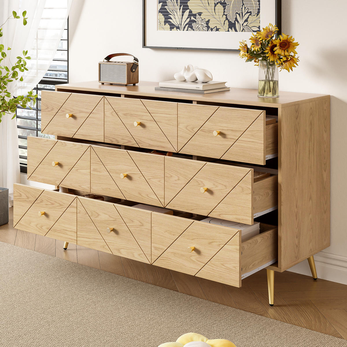 KOMMODE 9 Schubladen Metallbeine - Naturfarben, Holzwerkstoff (120/80/39cm) - Fortuna Lai