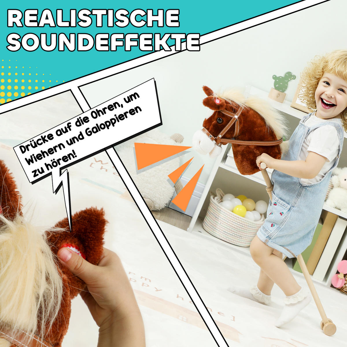 STECKENPFERD Kinder Steckenpferde mit Sound, Griffe, Rolle Stockpferd zum Reiten - Braun, Textil (25/95cm) - AIYAPLAY