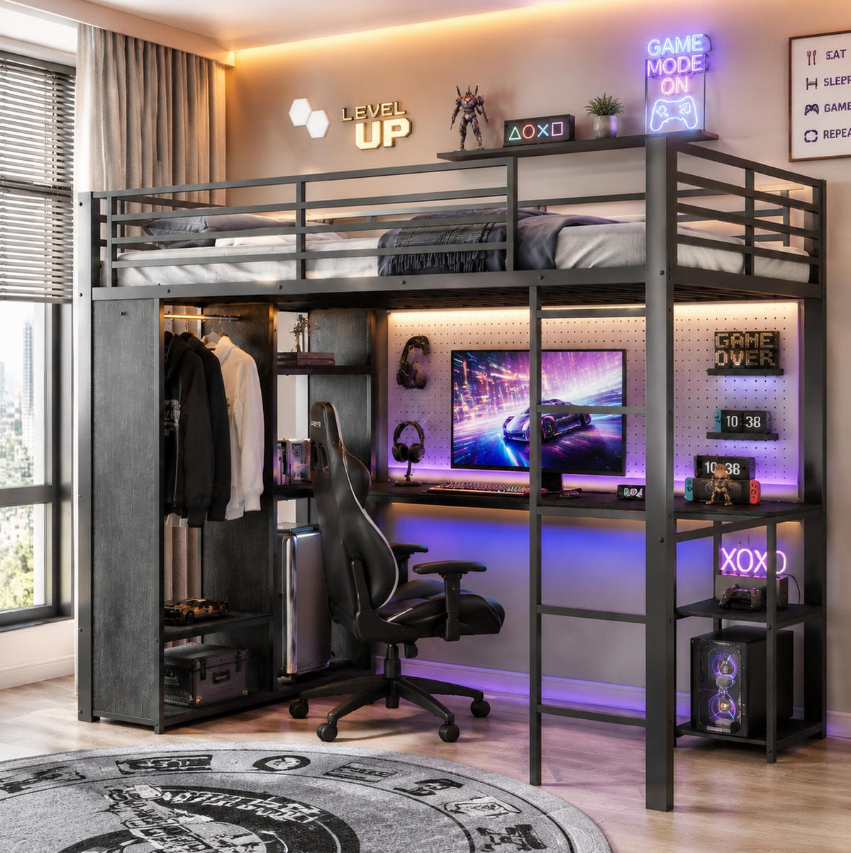 HOCHBETT MDF+Metall 90x200 cm Schwarz mit Schreibtisch, LED-Lichtleiste und offenem Stauraum - Schwarz, Holzwerkstoff (90/200cm) - Modfu