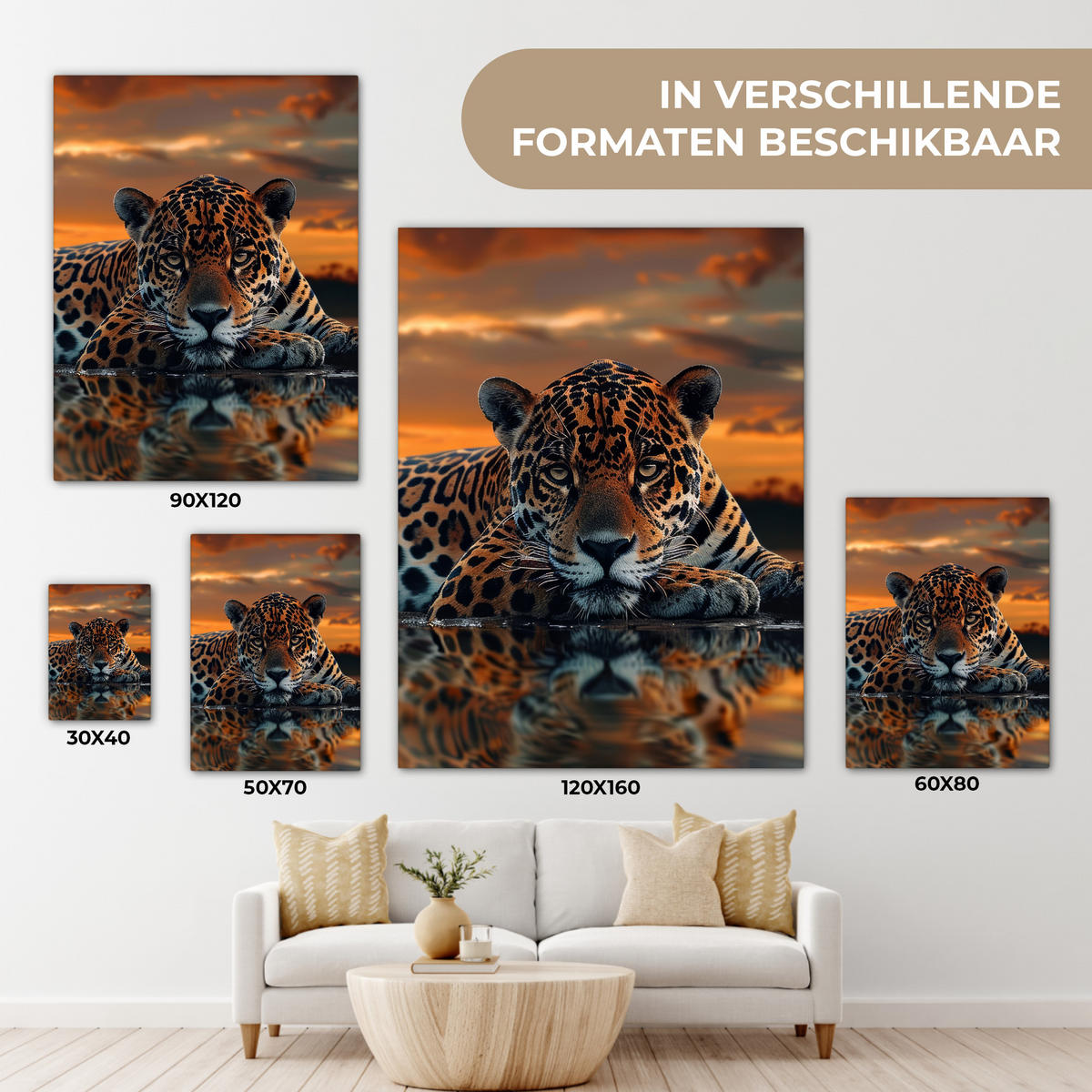 LEINWANDBILD Natur - Leopard - Tier - Sonnenuntergang - Modern Wandbild Wohnzimmer 60x80 cm - Orange, Textil (60/80cm) - MuchoWow