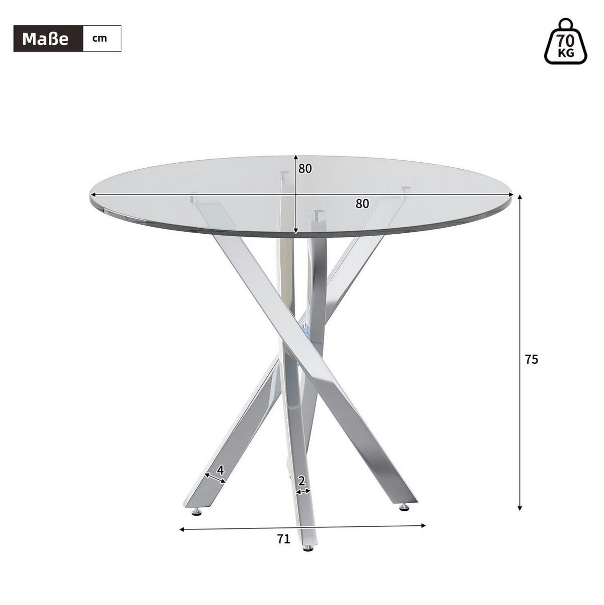 JÍDELNÍ stůl 80/80/75 cm s deskou z tvrzeného skla a křížovou kovovou podnoží, Stříbrná - stříbrná, sklo (80/80/75cm) - Redom