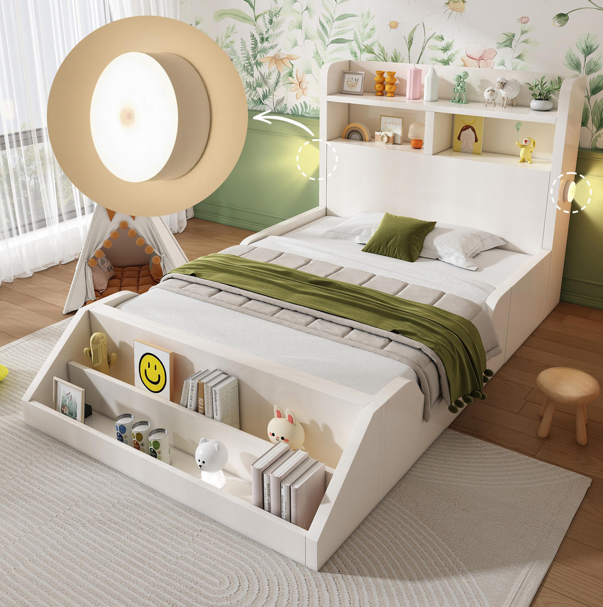 HOLZBETT 90/200 cm Weiß aus Holz mit Bücherregal und Nachtlichtern - Weiß, Holz (90/200cm) - OKMYHOME