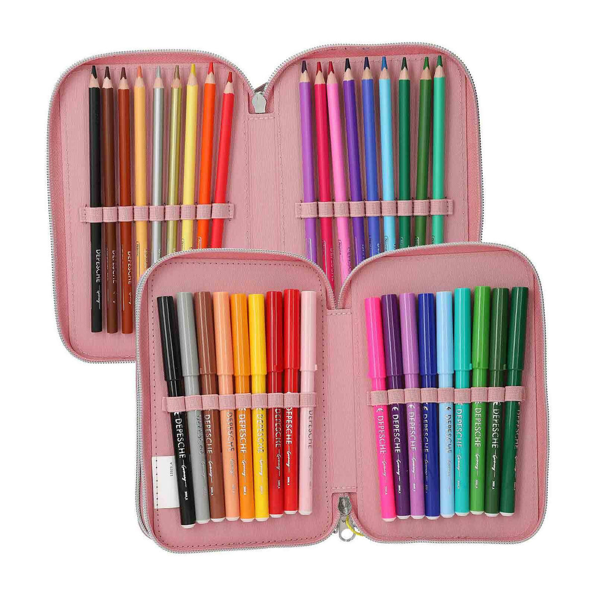 3-FACH FEDERTASCHE MIT AFFEN-APPLIKATION JUICY INKL. STIFTE TOPModel altrosa 7,5 x 13 x 20 cm - Altrosa, Kunststoff (13/20/7.5cm) - Depesche Germany