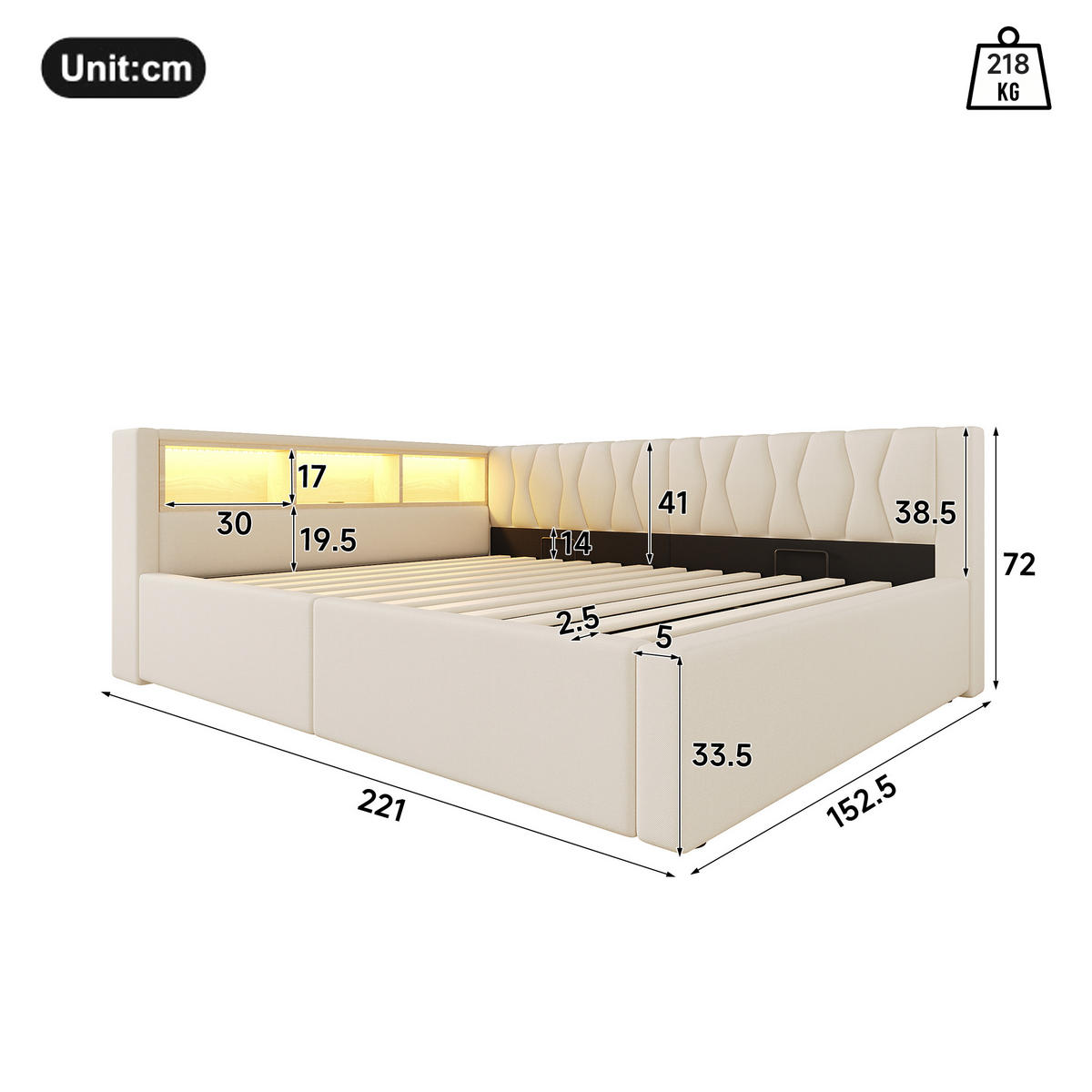 TAGESBETT 140x200cm Schlafsofa Hydraulik LED USB Beige - Beige, Naturmaterialien (140/200cm) - FLIEKS