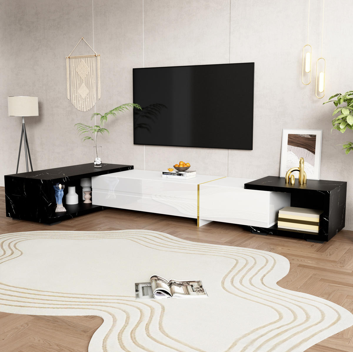 TV-SCHRANK erweiterbar in Weiß Hochglanz und schwarzer Marmoroptik 140–260/40/30 cm - Weiß, Holzwerkstoff (260/30/40cm) - Redom