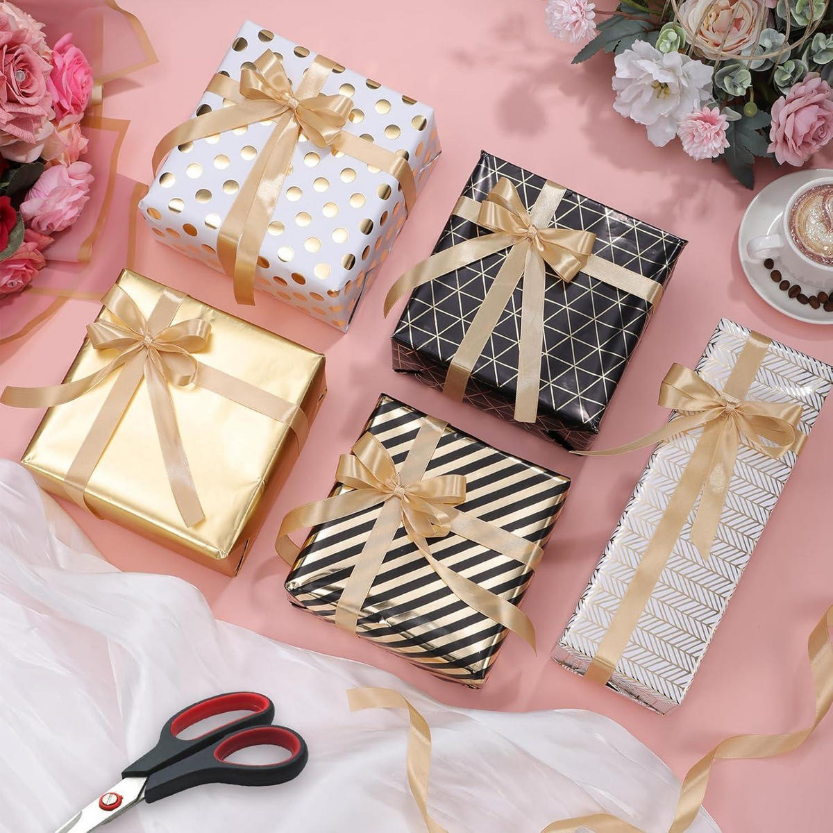 GESCHENKPAPIER Set 5 Rollen Schwarz Gold 43 cm x 3 m - Multicolor, Papier (43/43/300cm)