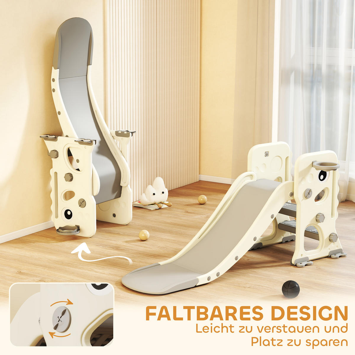 KINDERRUTSCHE 3 in 1 klappbar Kleinkinderrutsche mit Basketballkorb, Schnallen - Creme, Kunststoff (52/65/146cm) - AIYAPLAY