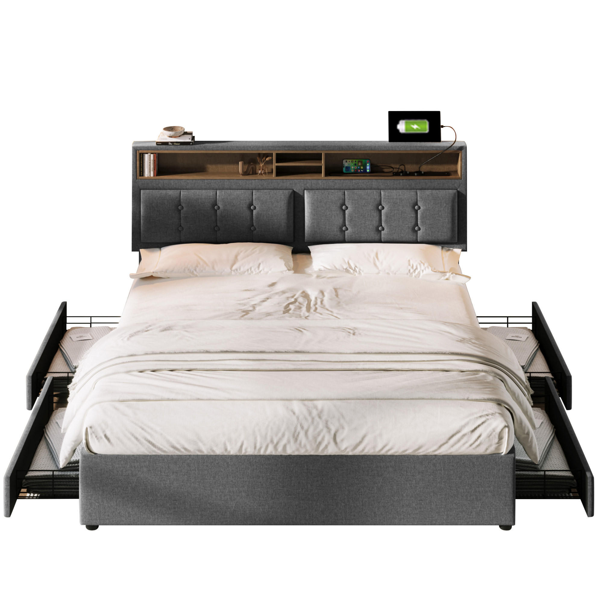 POLSTERBETT 140/200 cm aus Leinen mit verstellbarem Kopfteil und USB-C-Steckdose Grau - Grau, Textil (140/200cm) - Modenvie
