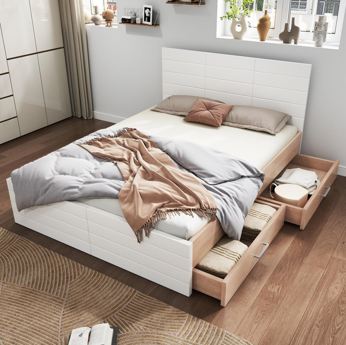 DVOJLŮŽKO 180/200 cm bílá a dub z masivního dřeva a MDF se zásuvkami a roštem - bílá, kompozitní dřevo (180/200cm) - OKWISH
