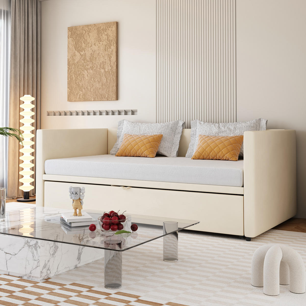 POLSTERBETT Ausziehbares Beige 90/200 cm mit Lattenrost - Beige, Leder (90/200cm) - OKWISH