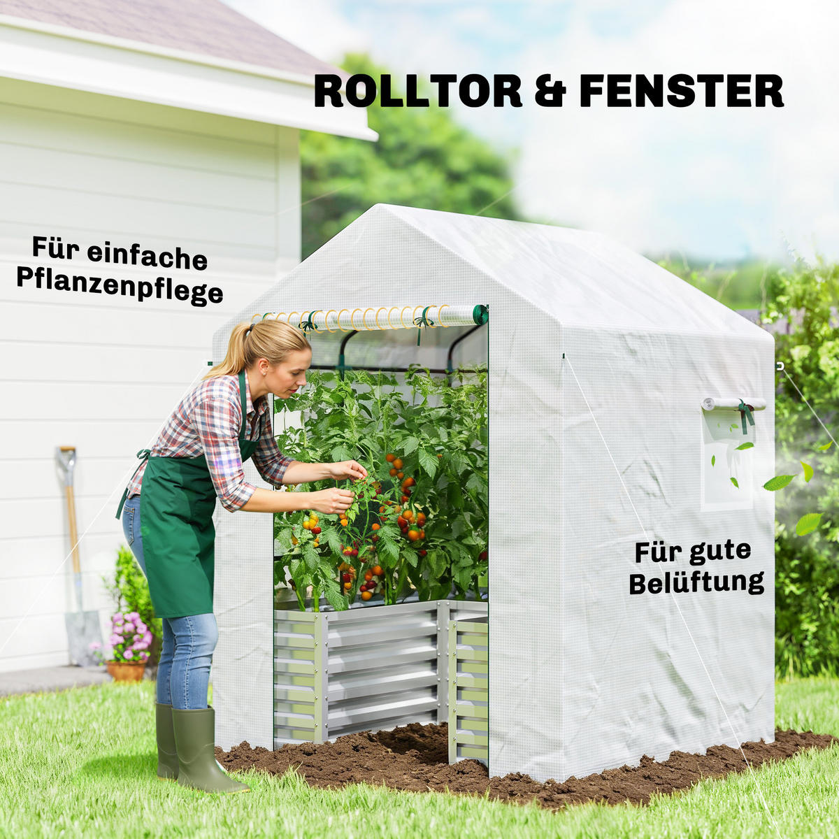 TOMATENGEWÄCHSHAUS Foliengewächshaus mit Hochbeet Rolltor Fenster Schrägdach - Weiß, Metall (141/190/141cm) - Outsunny