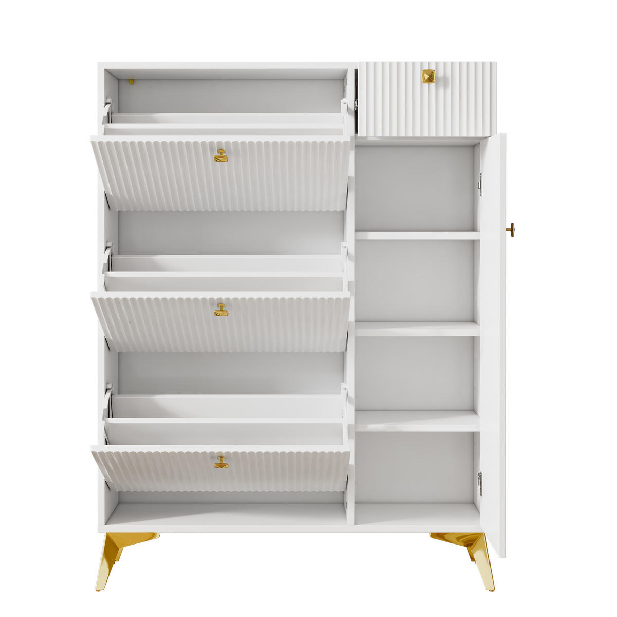 SCHUHSCHRANK 90/25/121 cm mit 3 Klappen, 1 Schublade und 1 Tür in Weiß - Weiß, Holzwerkstoff (90/121/25cm) - BEAOK