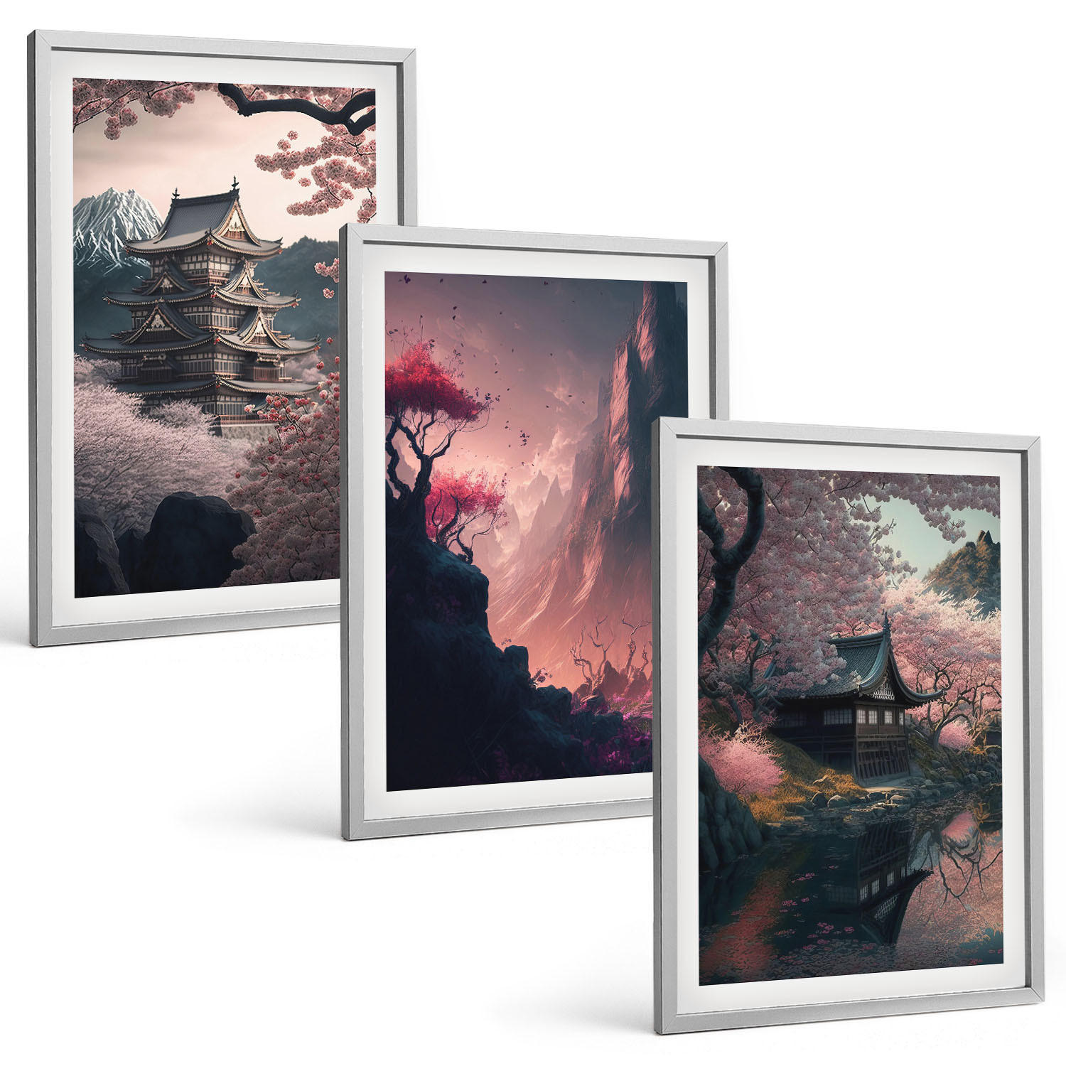 BILDER SET 3er Set - 40x60 cm Silberner Rahmen - Fantasielandschaften der japanischen Berge - Silberfarben, Kunststoff (40/60cm) - TULUP