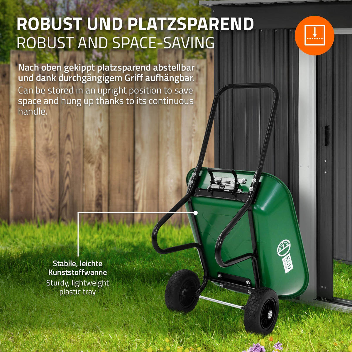 KOLÍSKOVÝ VOZÍK 78 L s funkcí sklápění, ocelový rám, 2x PU kola a PP vana - zelená barva, kov (63.5/83.5/123cm) - ECD-Germany