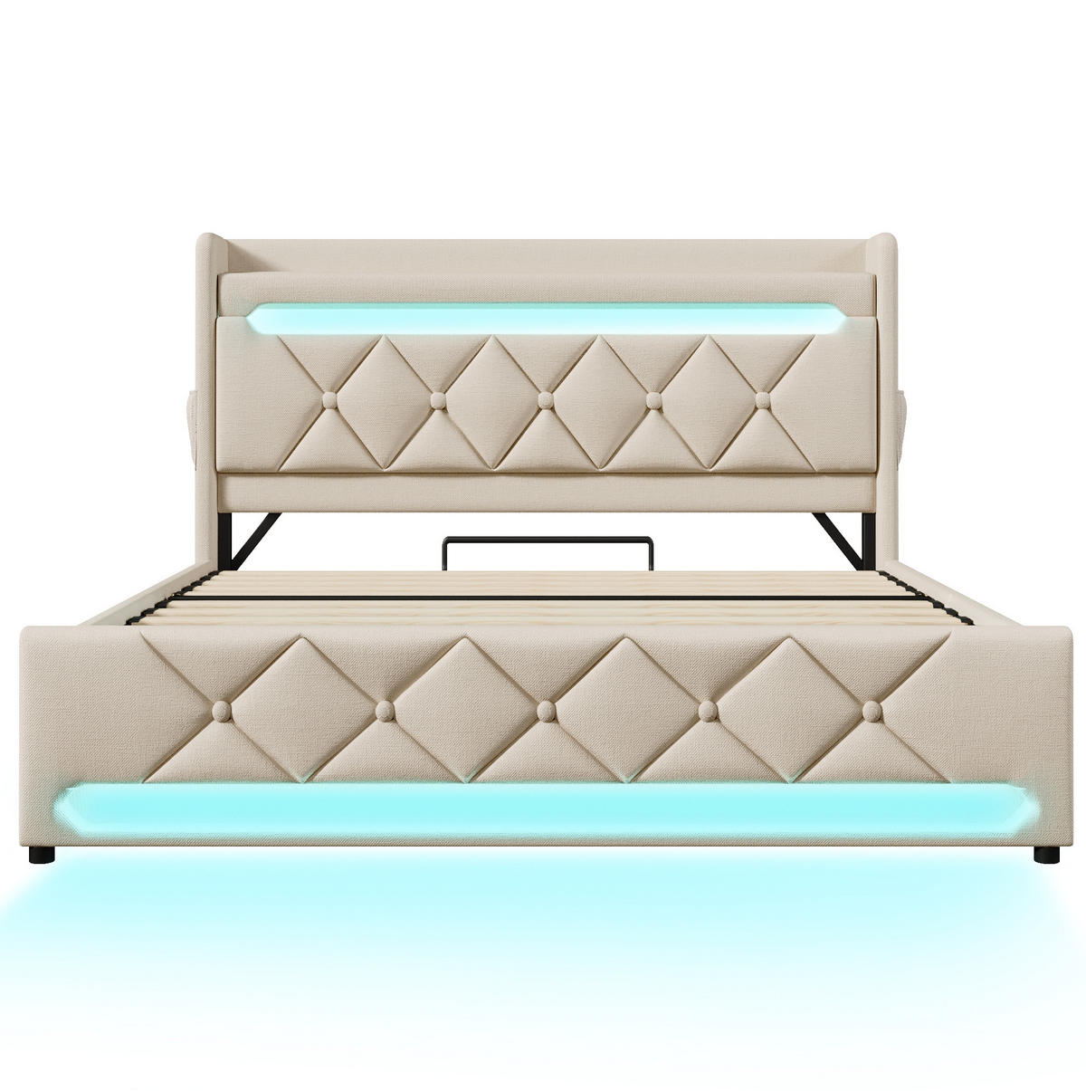 POLSTERBETT 140/200 cm Beige aus Leinen mit LED und Stauraum - Beige, Textil (140/200cm) - OKMYHOME