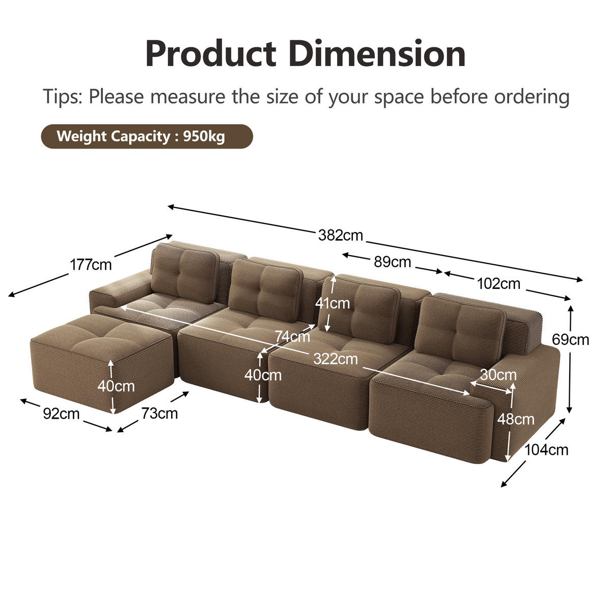 SOFA modular mit Tiefsitz Cord Brown - Braun, Kunststoff (177/382cm) - Meubliv