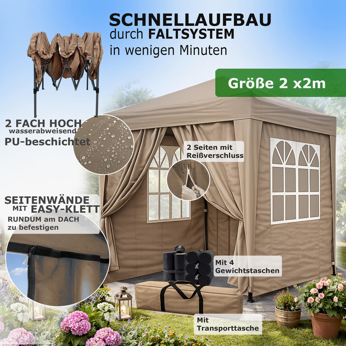 FALTPAVILLON 2/2 m Graubeige inkl. 4 Fußgewichten - Braun, Metall (200/245/200cm) - QUICK STAR