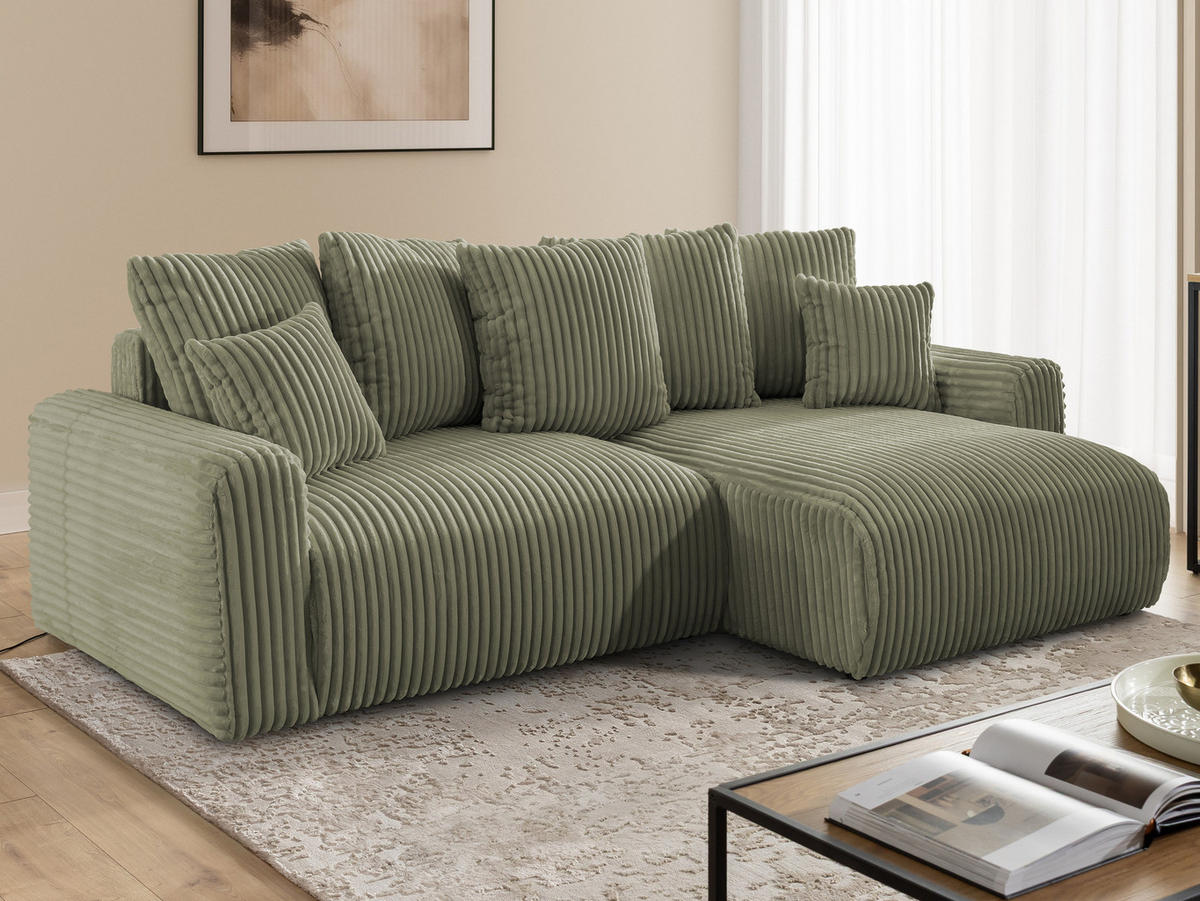 ECKSOFA Calma mit Schlaffunktion und Bettkasten im Bumpy-Design aus weichem Olive Plüschcord - Ottomane rechts - Schwarz/Grün, Holz/Kunststoff (140/239cm) - S-Style