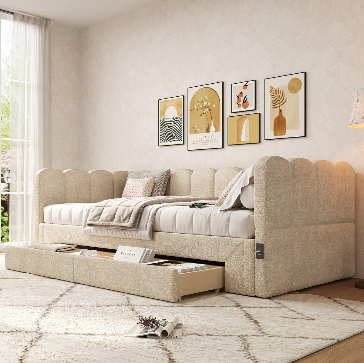 POLSTERBETT 90/200 cm beige aus Chenille mit Ausziehfunktion und USB-Anschluss - Beige, Textil (90/200cm) - OKWISH