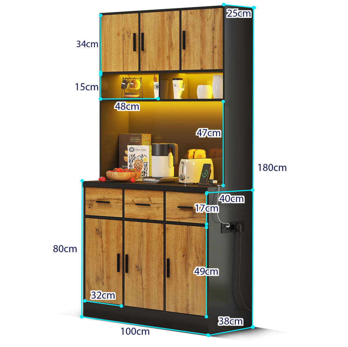 KUHINJSKA omara 100/40/180 cm z LED osvetlitvijo, APP upravljanjem, vtičnico in USB priključki, Črna/naravna - naravne barve, leseni material (100/180/40cm) - Redom