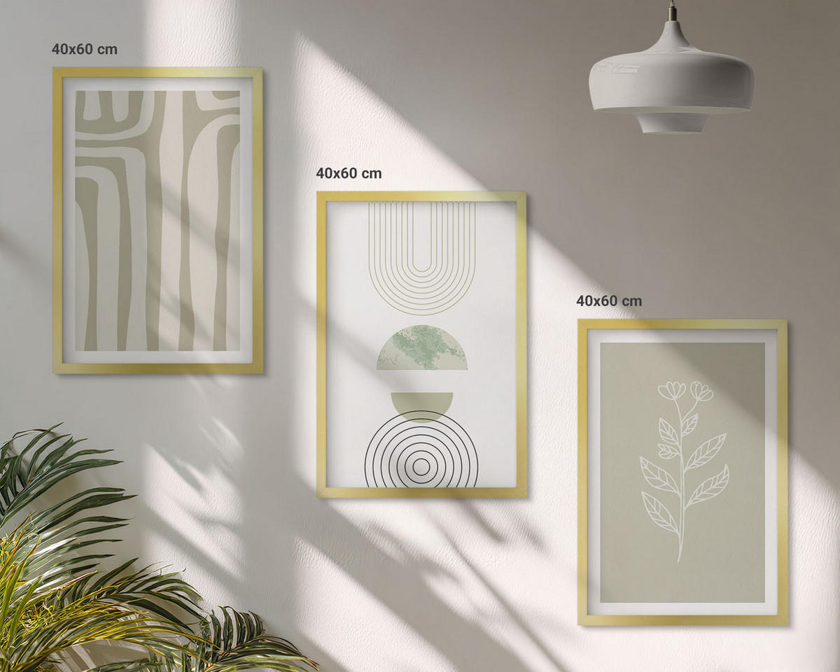 BILDER SET 3er Set - 40x60 cm Goldrahmen - Geometrische Pflanzenmuster - Goldfarben, Kunststoff (40/60cm) - TULUP