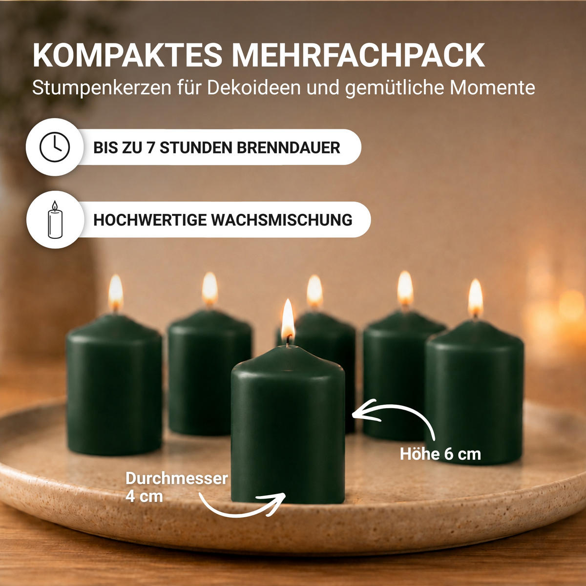 STUMPENKERZEN Ø4cm x 6cm - 6er Pack Dunkelgrün - Dunkelgrün, Naturmaterialien (4/6cm)