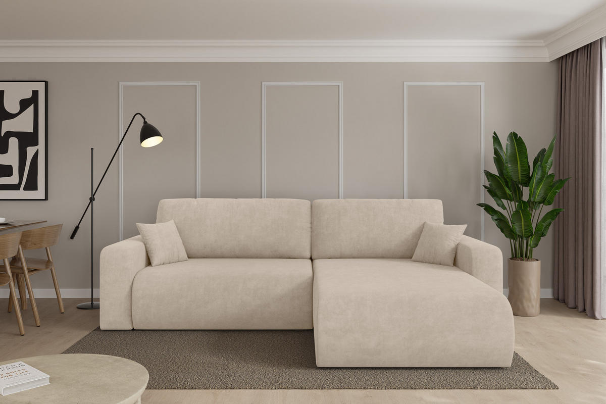 ROHOVÁ SEDAČKA s funkcí spaní, otoman vpravo BERY-L 276x193x88 béžová velur - černá/Sahara, kompozitní dřevo/textil (276/193cm) - ALTDECOR